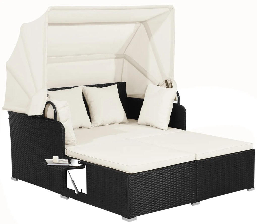 Cama Jardim dupla com almofadas em rattan com Dois painéis laterais rebatíveis para jardim Pátio Alpendre Branco e Preta