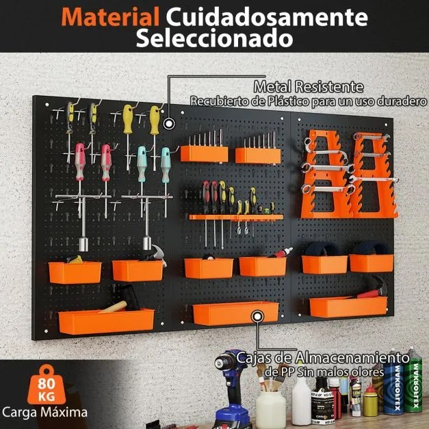 Organizador de parede Ferramentas (Não Incluidas) 120 x 60 x 2 cm com painel perfurado com 9 recipientes Preto e laranja