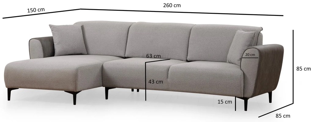 Sofá-Cama de Canto Aren – Cinzento – 150 x 260 cm