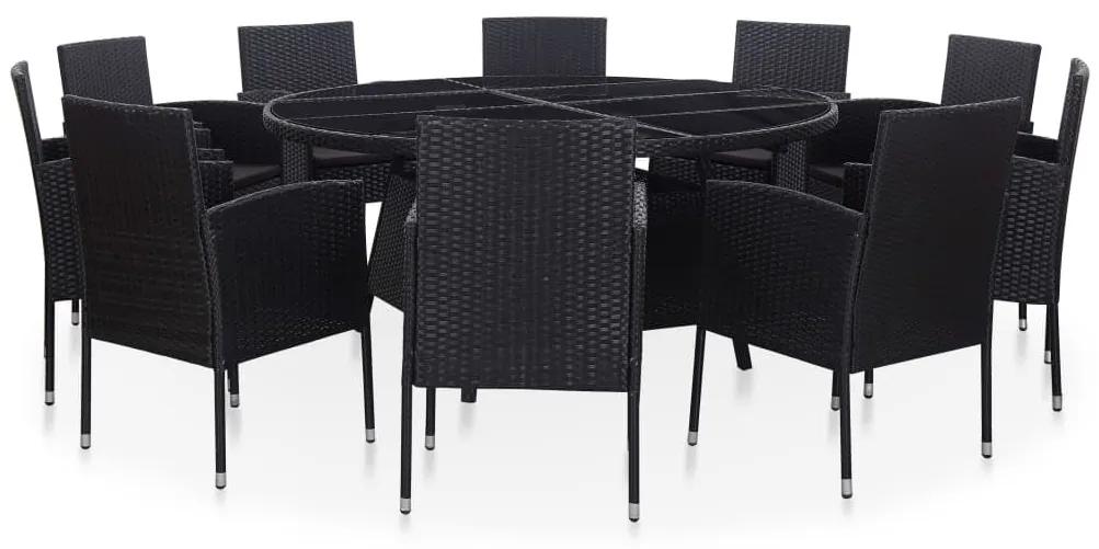 11 pcs conjunto jantar exterior com almofadões vime PE preto
