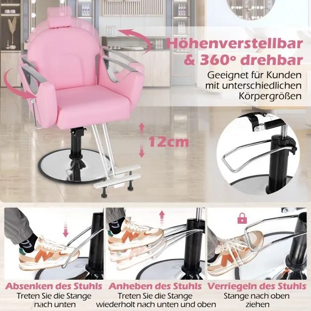 Cadeira de cabeleireiro ajustável em altura com apoio para a cabeça e bomba hidráulica, cadeira de salão giratória 360° em rosa
