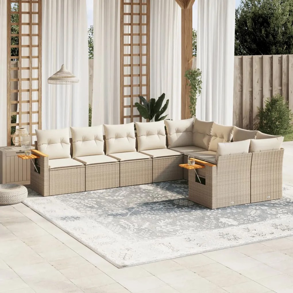 vidaXL 9 pcs conjunto de sofás p/ jardim com almofadões vime PE bege