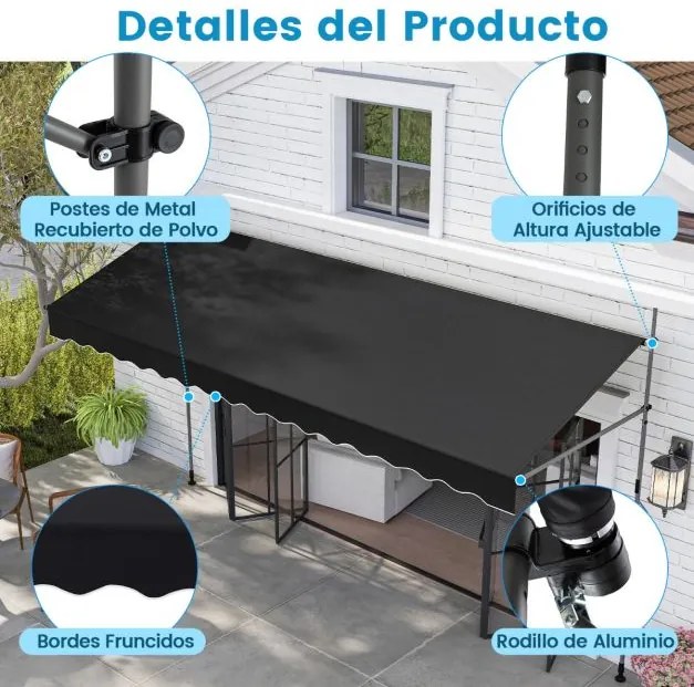 Toldo retrátil manual 4 m x 3 m Toldo exterior com altura ajustável Manivela e sem perfuração para janela Porta Terraço Preto