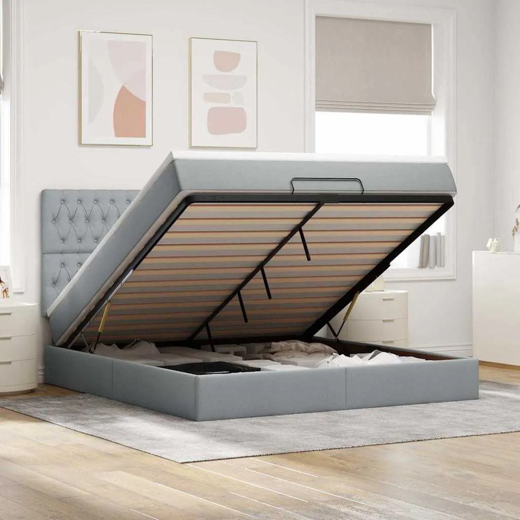 Estrutura cama otomana colchão 160x200 cm tecido cinzento claro