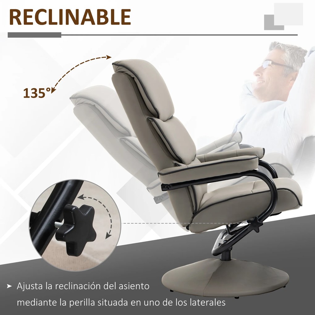 HOMCOM Poltrona Relax com Banco para Apoiar os Pés Poltrona Relax Giratória Reclinável em até 135° Estofada em PU 75x84x100cm Cinza