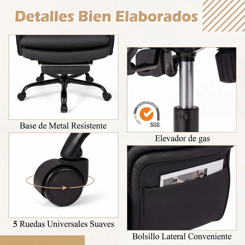 Cadeira de Escritório com Apoio para os Pés, 63-114 x 78 x 118-125 cm, Encosto Reclinável, Preto