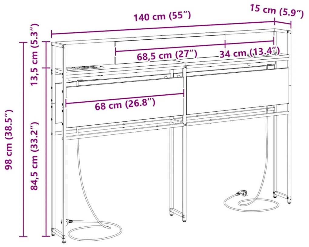 Cabeceira de armazenamento com cabeceira Sonoma cinzento 140 cm