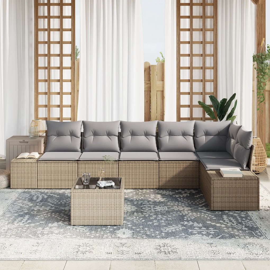 Conjunto de Sofás de Jardim de 7 Peças com Almofadas de Rattan Preto