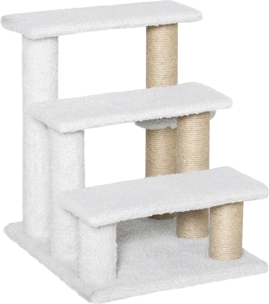 PawHut Escada para Gatos 3 Degraus Escada para Animais para Gato com Postes de Arranhar Bola Escada para Cão em Pelúcia e Juta 45 x 40 x 48 cm Branco | Aosom Portugal