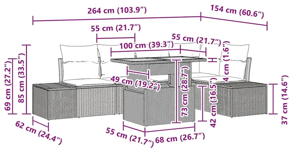 Conjunto de Jantar de Jardim com 6 Peças e Almofadas Preto em Rattan S