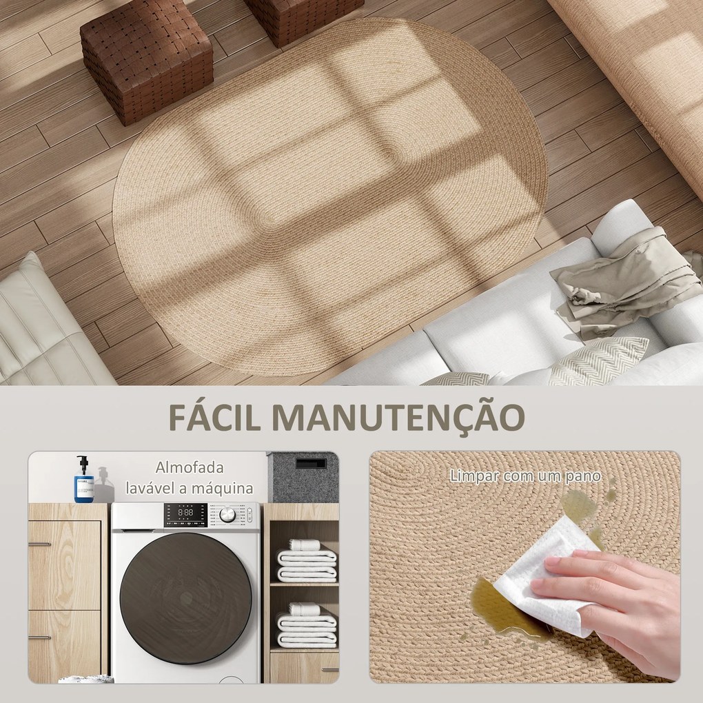 Tapete Oval para Sala de Estar 170x120 cm Tapete Lavável à Máquina Tecido à Mão Estilo Rústico Bege