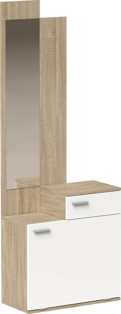 Móvel de Entrada com Espelho Sapateira Basculante Assento Gaveta e Compartimento Aberto 61x30x170 cm Branco