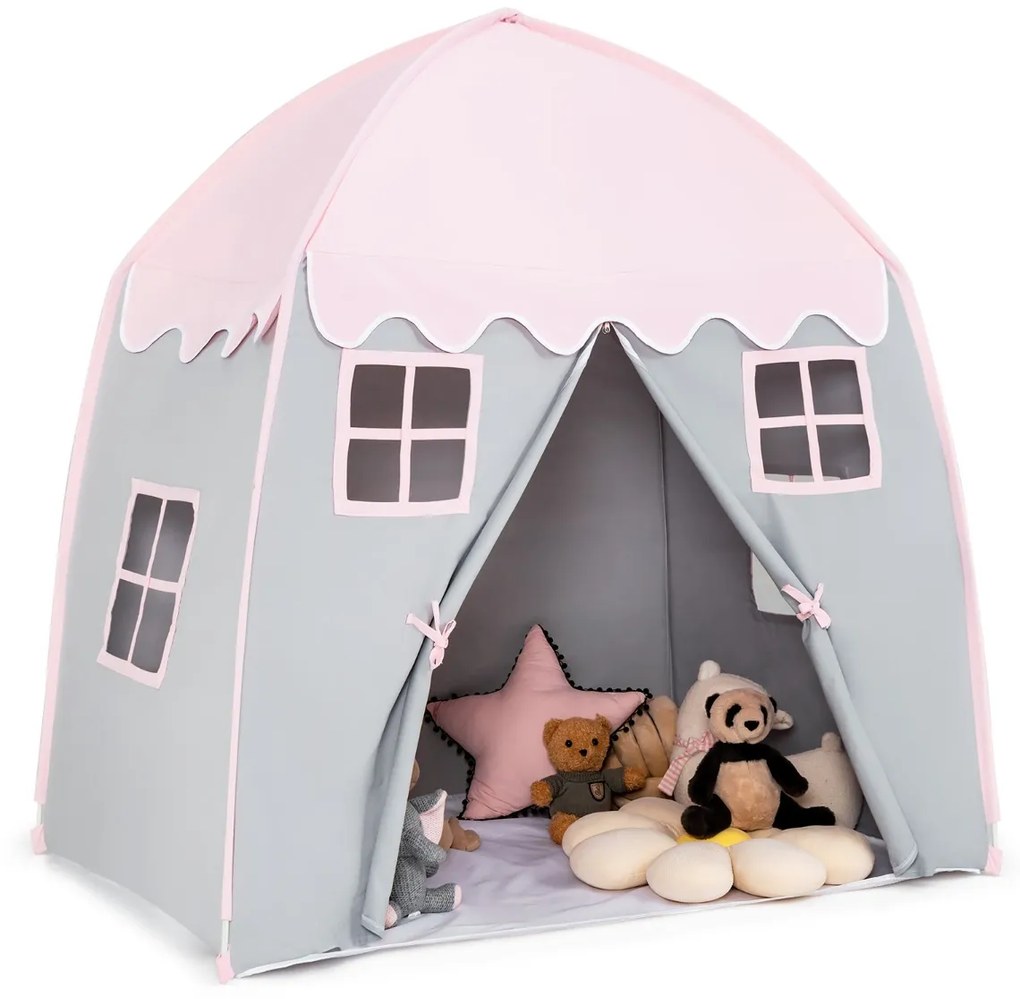 Tenda de brincar infantil Princesa Tenda com tapete antiderrapante com fecho interior de janelas 143 x 100 x 155 cm rosa e cinza