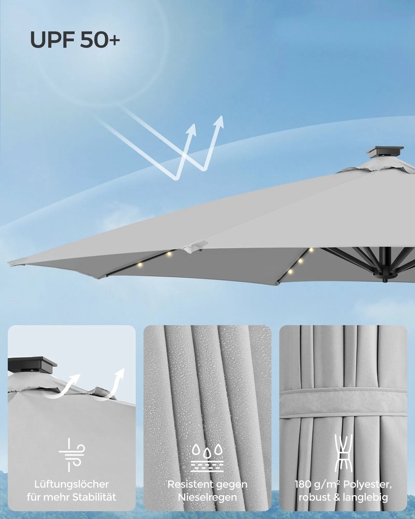 Guarda-sol jardim Ø 300 cm com luzes LED solares UPF 50+ rotativo 360º com base cruzada (SEM PESOS) Cinzento