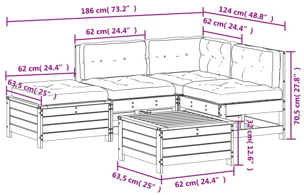 5 pcs conjunto lounge de jardim c/ almofadões pinho maciço