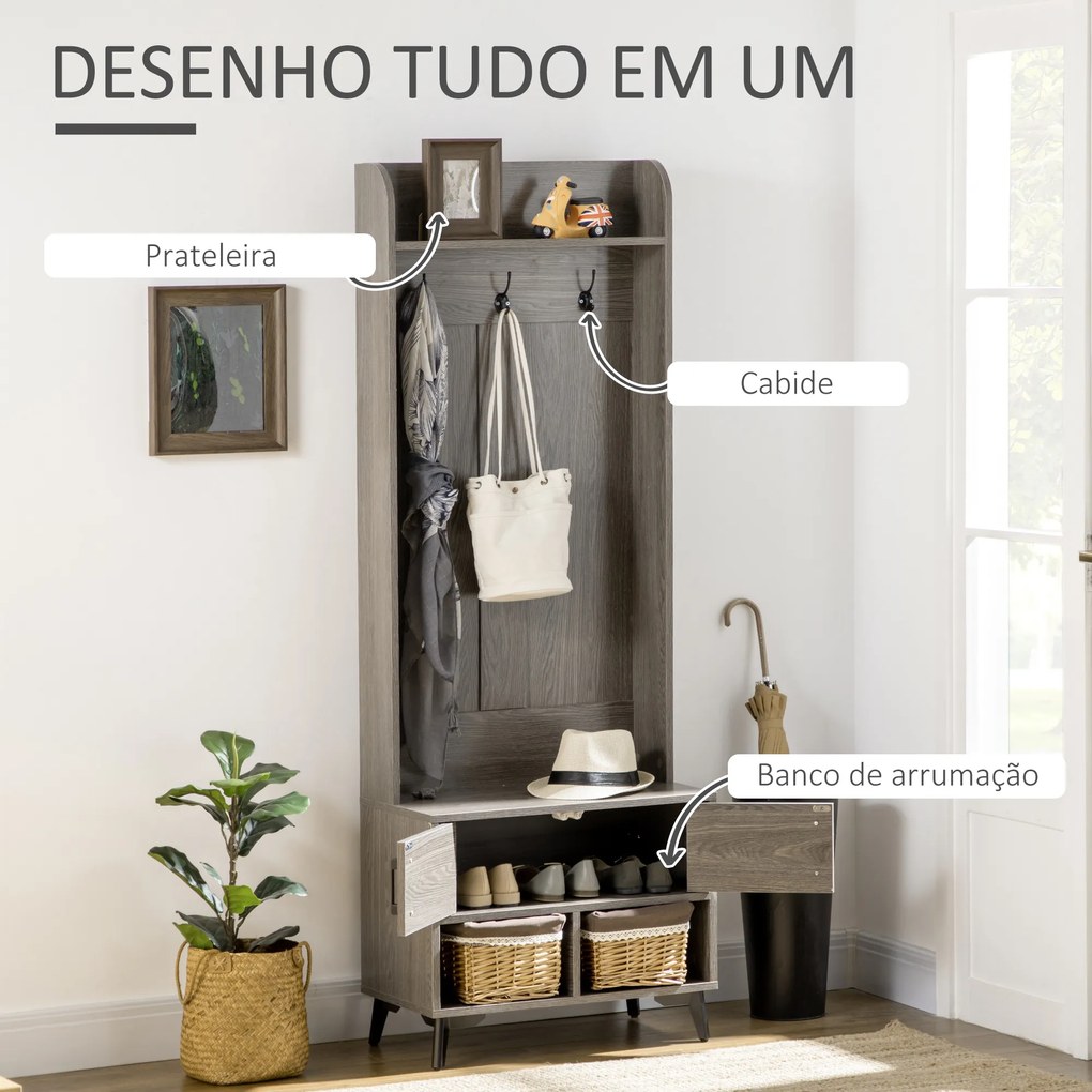 Móvel Cabide de Entrada com Sapateiro 3 Ganchos 2 Portas 2 Compartimentos e Prateleira de Armazenamento 60x34x170 cm Cinza