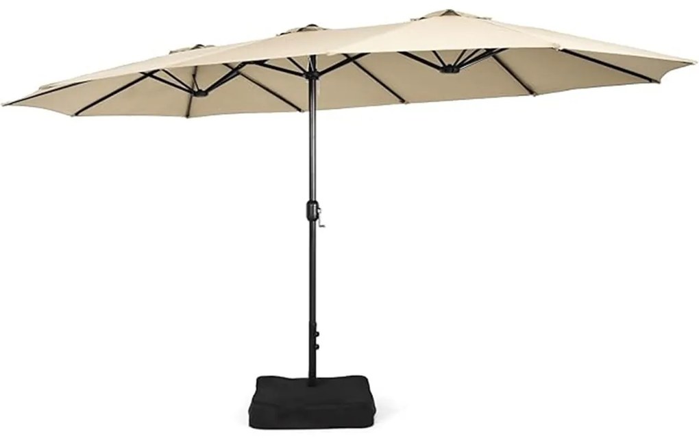 Guarda-sol duplo Grande 4,5 x 2,6 m com base com sacos de areia emanivela, 12 varas sólidas, altura 2,43 cm, para piscina ou jardim, bege