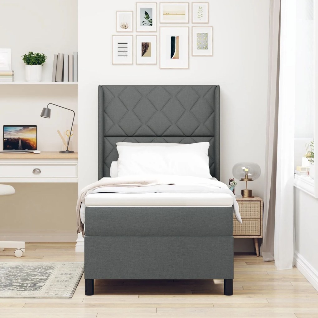 Cama Box Spring com Colchão e LED Cinza Escuro 90x200 cm Tecido