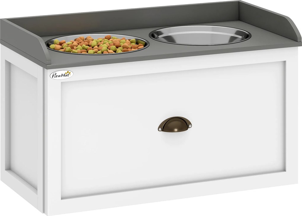 PawHut Comedouro Alto para Cães com 2 Tigelas 2000ml de Aço Inoxidável Gaveta Oculta com Suporte de Madeira 60x30x36cm Branco | Aosom Portugal