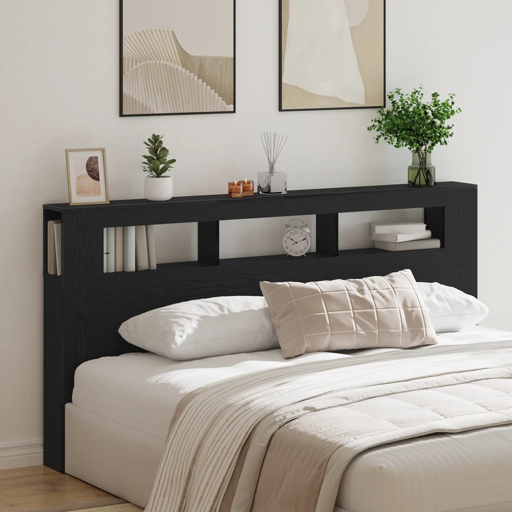 Cabeceira de Armazenamento vidaXL com Luzes LED Carvalho Preto 200x18,5x103,5 cm