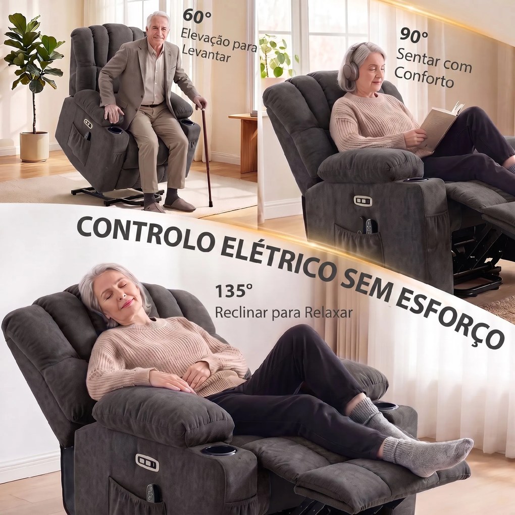 Poltrona Relax Reclinável Elétrica Elevatória com Massagem Vibratória, Calor, Assento Largo, USB-C, USB-A, Bolsos, Preta