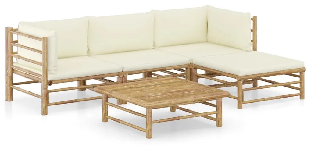 5 pcs conj. lounge p/ jardim em bambu c/ almofadões branco nata