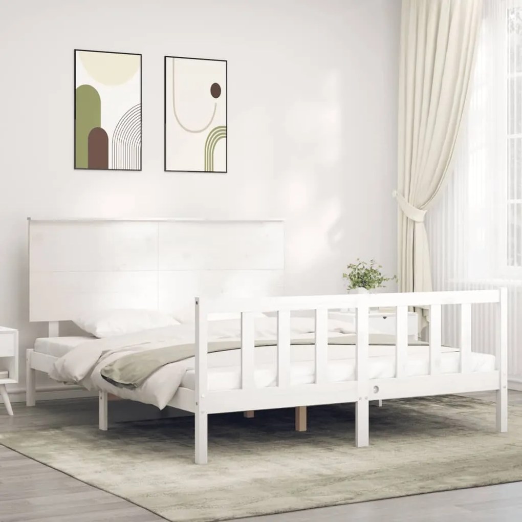 vidaXL Estrutura de cama King Size com cabeceira madeira maciça branco