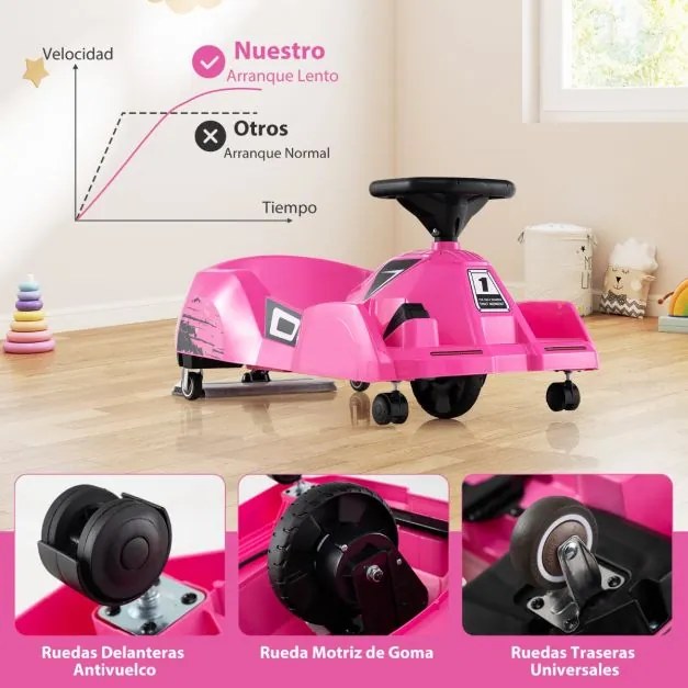Kart elétrico para crianças 12V com esfregona removível, comando à distância de 3 velocidades, buzina, música, 79 x 46 x 37 cm, rosa