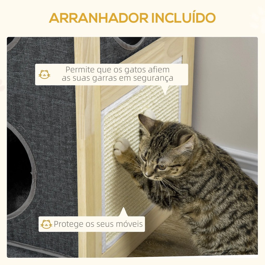 Casa para Gatos de Madeira em Forma de Barril Arranhador para Gatos Casa para Gatos de Interior com 2 Almofadas Amovíveis e Laváveis 40x40x70cm Cinza