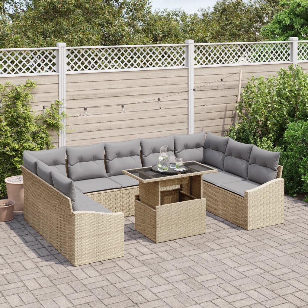 Conjunto de Sofá de Jardim de 10 Peças com Almofadas Bege em Rattan
