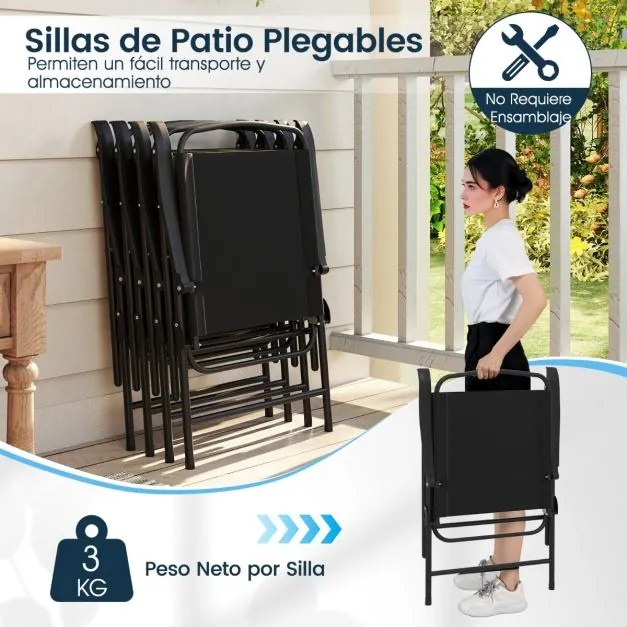 Conjunto exterior de 6 peças com guarda-sol, mesa redonda e cadeiras dobráveis para 4 pessoas para jardim, preto