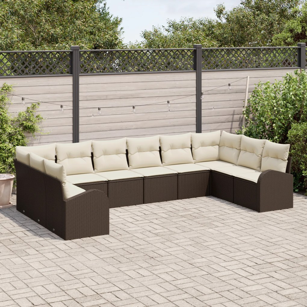Conjunto de Sofá de Jardim vidaXL com 10 Peças e Almofadas Castanho Po