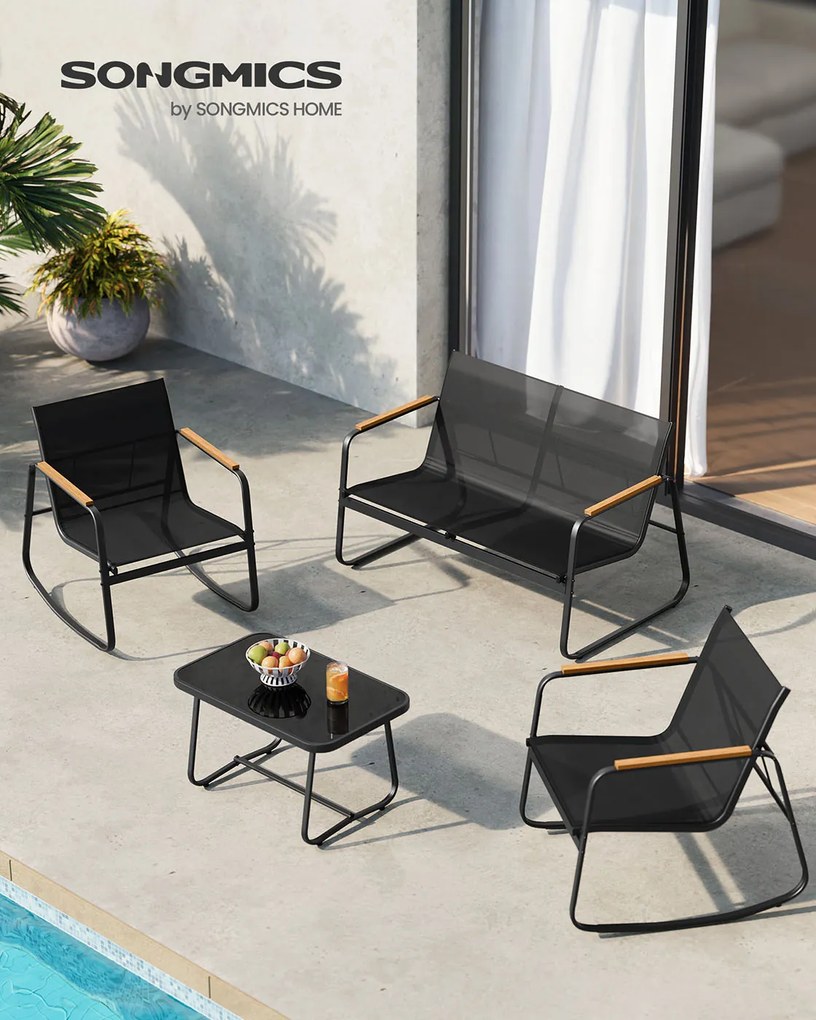 Conjunto de jardim baloiço com banco de jardim e 2 cadeiras de baloiço com mesa Preto