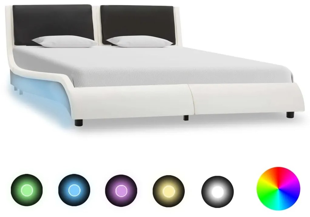 Estrutura cama c/ LED couro artificial 120x200cm branco e preto