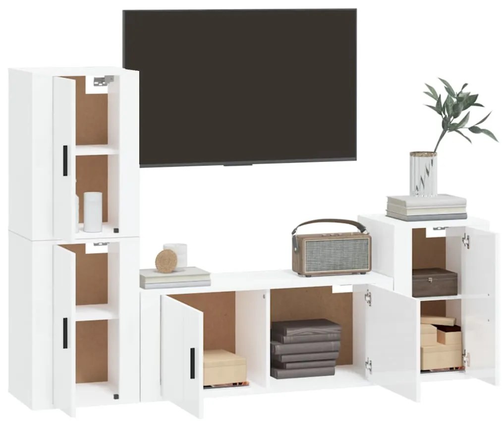 4 pcs conjunto móveis de TV madeira processada branco brilhante