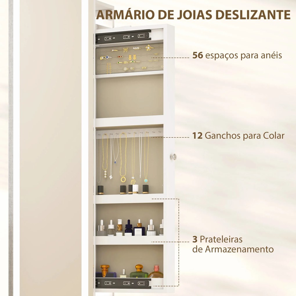 Espelho para Jóias com Luzes LED Espelho de Corpo Inteiro Rotativo 360° Prateleiras Abertas Barras para Pendurar Branco