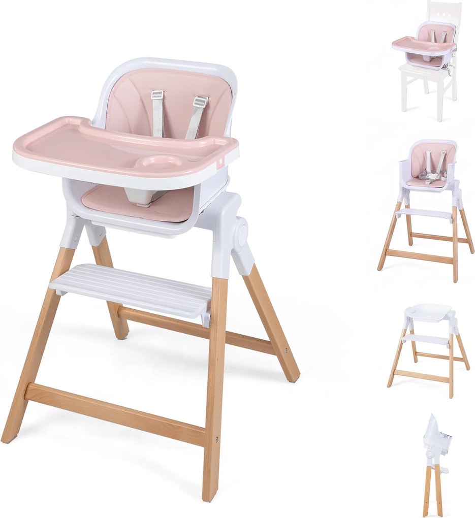 Cadeira de Alimentação Evolutiva 4 em 1, 71 x 58 x 93 cm, Bandeja Dupla Ajustável, Cor-de-rosa
