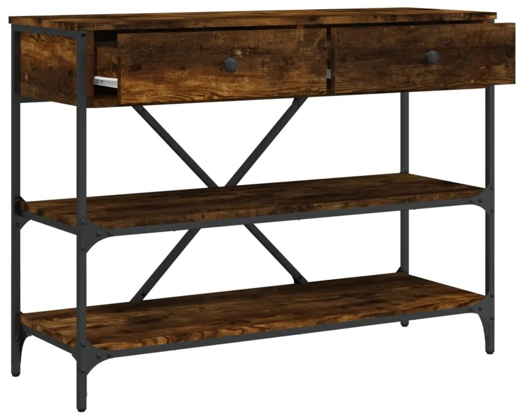 Mesa consola gavetas/prateleiras deriv. madeira carvalho fumado