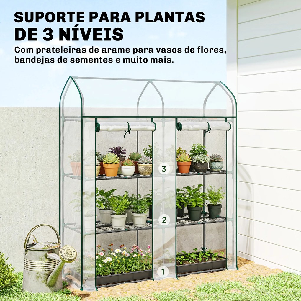 Estufa Pequena de 3 Níveis 2 Portas Enroláveis Estrutura de Aço Cobertura de Plástico 143x46x165 cm Transparente