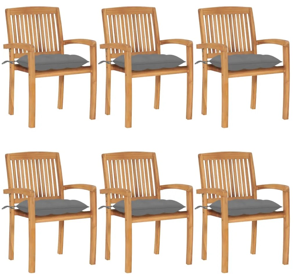 vidaXL Cadeiras de jardim empiháveis c/ almofadões 6 pcs teca maciça