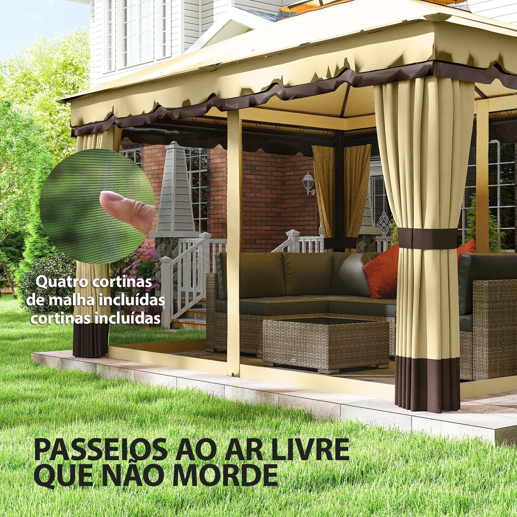 Pérgola de Jardim 3,7x3 m com Teto Duplo 4 Cortinas e Mosquiteira Estrutura em Aço Orifícios de Drenagem UV30+ Bege