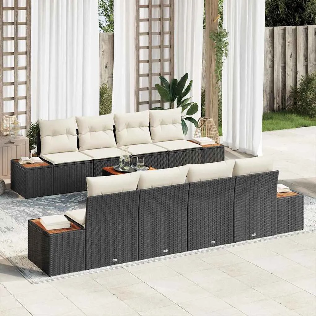 vidaXL Sofá de Jardim 9 Peças com Almofadas Preto de Rattan Sintético e Acácia.