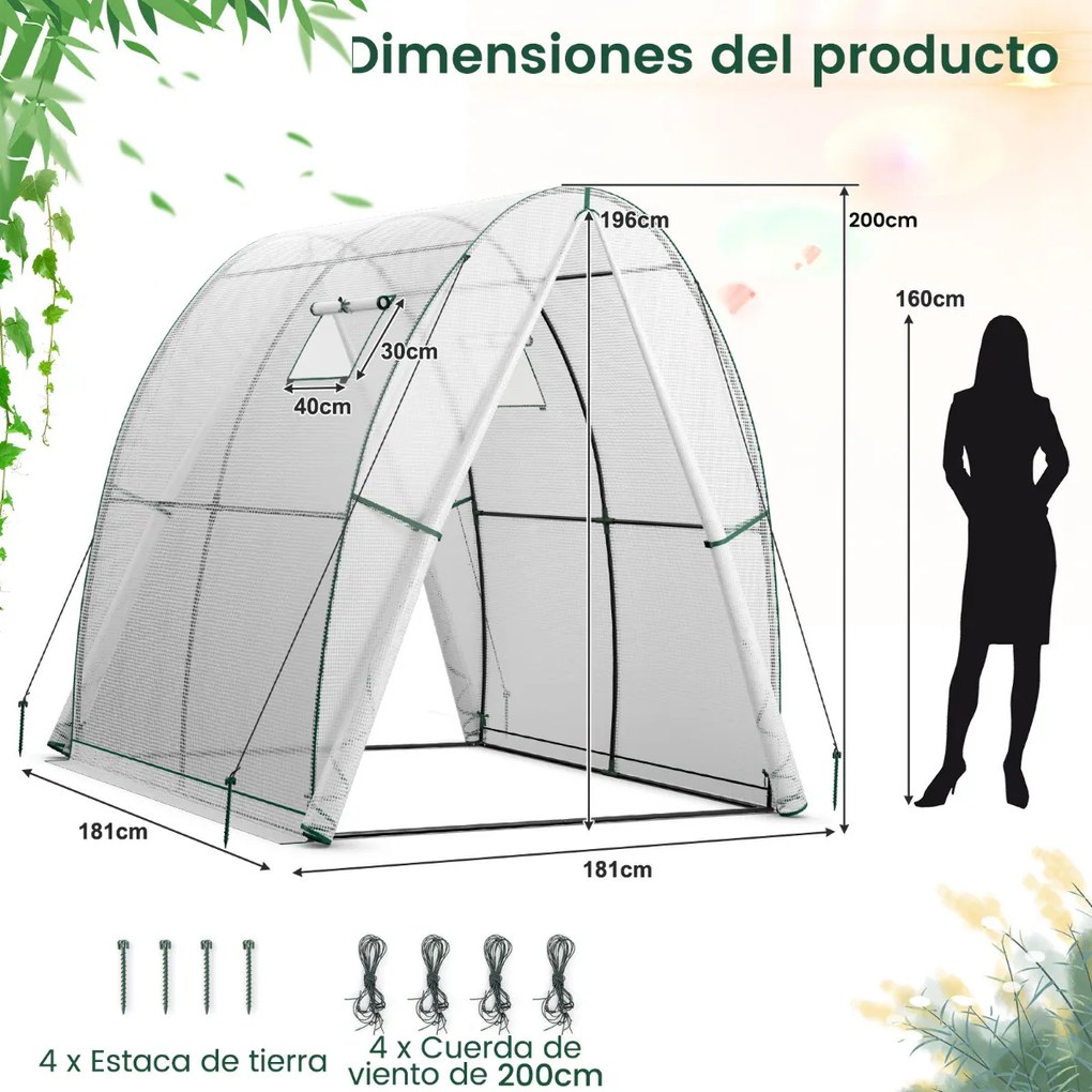 Estufa portátil para exterior com 2 portas com fecho de correr, 2 janelas enroláveis e bolsas laterais 181 x 181 x 200 cm Branca