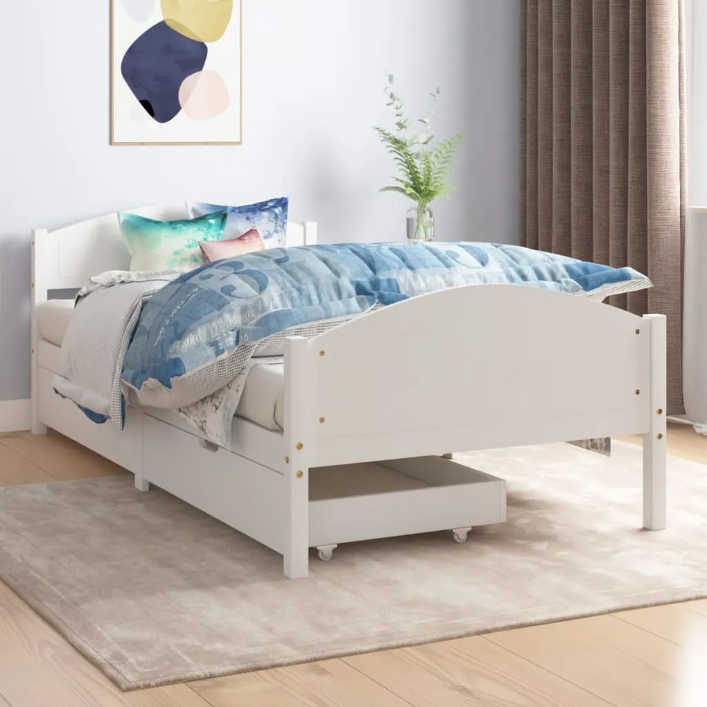 vidaXL Estrutura de cama com 2 gavetas 100x200 cm pinho maciço branco