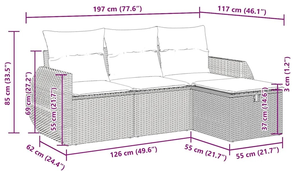 4 pcs conjunto de sofás para jardim c/ almofadões vime PE preto
