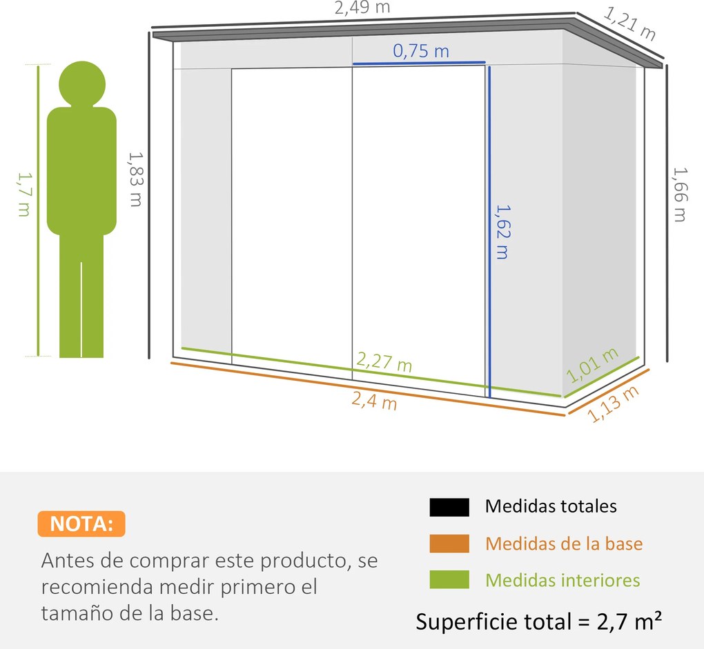 Abrigo de Jardim 2,7m² 249x121x183 cm Abrigo de Exterior com Porta Dupla 2 Ventilaç4oes e Trava Abrigo para Pátio Cinza