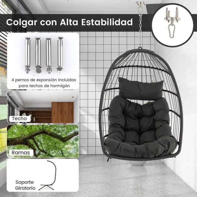 Cadeira suspensa em forma de ovo com almofada para a cabeça, almofada para o assento, cesto de vime, design dobrável, carga máxima 150 kg, 77,5 x 74 x
