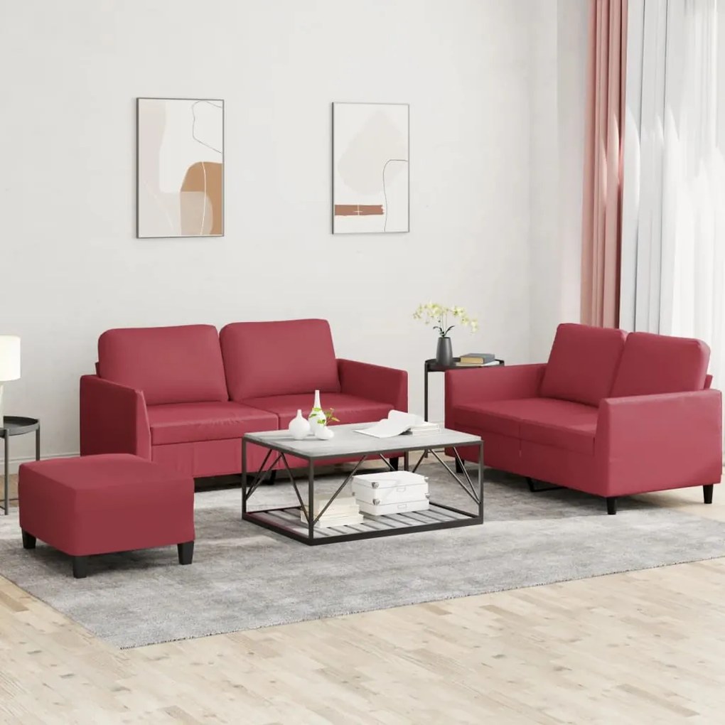 vidaXL 3 pcs conjunto sofás c/ almofadões couro artif. vermelho tinto