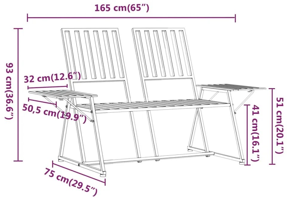 Banco de jardim de 2 lugares 165 cm aço preto