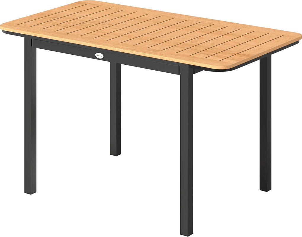 Mesa de jardim retangular para 6 pessoas 127 x 70 cm em madeira composta, com estrutura metálica e tampo de ripas, castanho